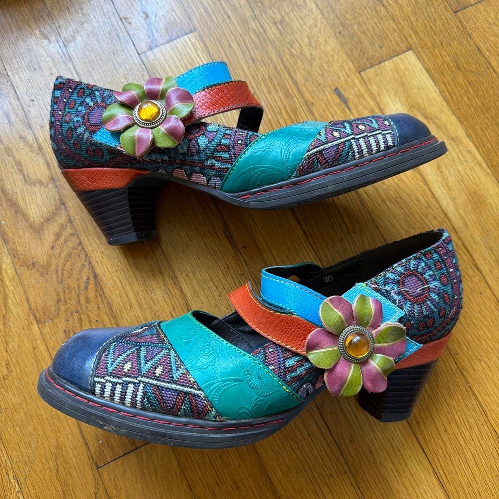Socofy Artsy Patchwork Retro Floral Mary Jane Heels Multi Color Size 9